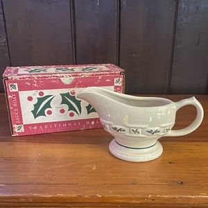 90s Longaberger Traditional Holly Christmas sauce gravy boat with OG box